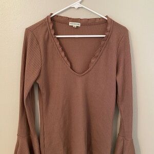Earthbound Taupe Ruffle V-Neck Blouse